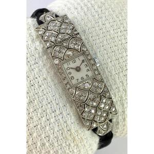 Art Deco 1925 Diamond On Platinum Quartz Jewel Watch