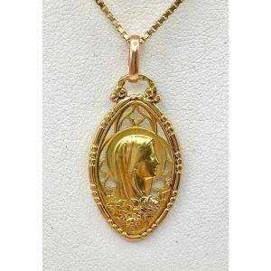 Pendentif Médaille Vierge  En Mandorle Art Déco Or Jaune