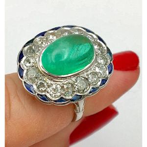 Art Deco Style Ring Oval, Emerald Cabochon Surrounded By Diamonds And Calibrated Sapphires / Platinum