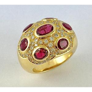 Ruby Ball Ring And Diamond Paving On Yellow Gold