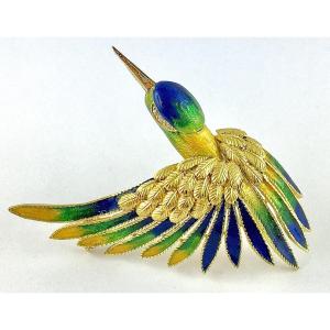 Broche Mauboussin Oiseau De Paradis Vintage Email Polychrome Et Diamants Sur Or Jaune 