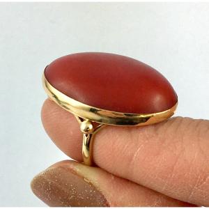 Antique Red Coral Cabochon Ring On Yellow Gold 