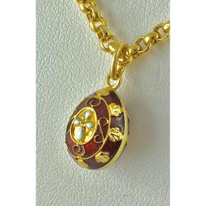 Russian Egg Pendant Red Enamel White Cross Faberge Style On Yellow Gold