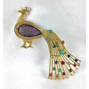 Vintage Tutti Frutti Peacock Animal Brooch Synthetic Stones And Pearls On Yellow Gold