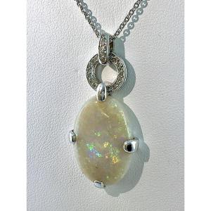 Opal And Diamond Pendant In White Gold