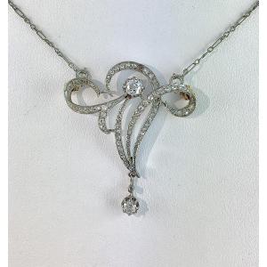 Collier Belle Epoque Art Nouveau Diamants Sur Platine Et Or Blanc, Sur Sa Chaîne En Or Blanc