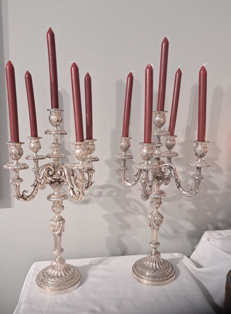 Paire De Candelabres Bronze Argenté  51cm 5feux