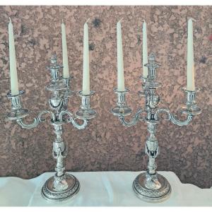 Pair Of Louis XVI Style Silver-plated Bronze Garland Candelabras