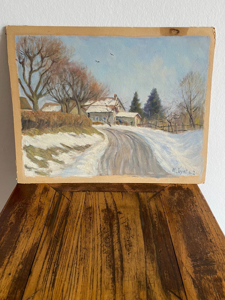 Landscape In Switzerland. Village Under The Snow. Oil On Cardboard. M.joyet 1942-photo-2