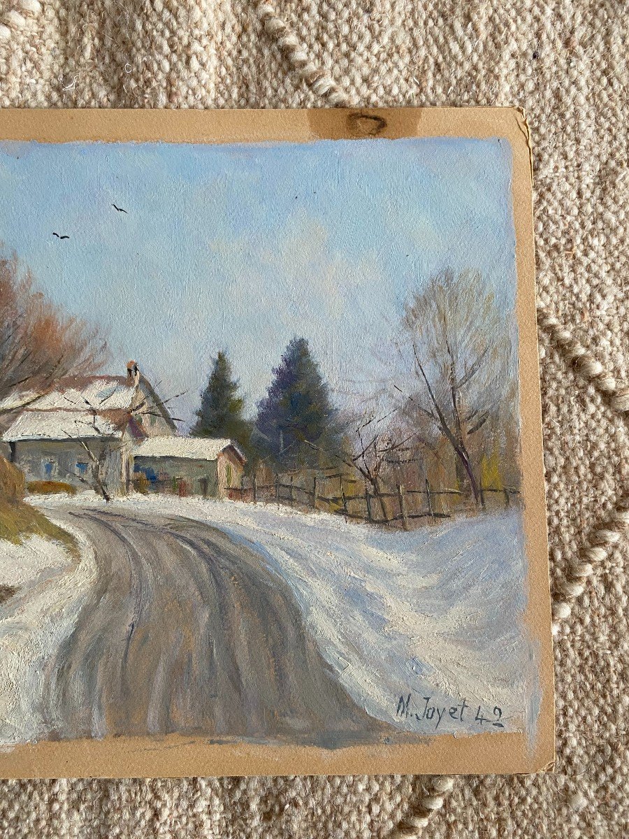 Landscape In Switzerland. Village Under The Snow. Oil On Cardboard. M.joyet 1942-photo-4