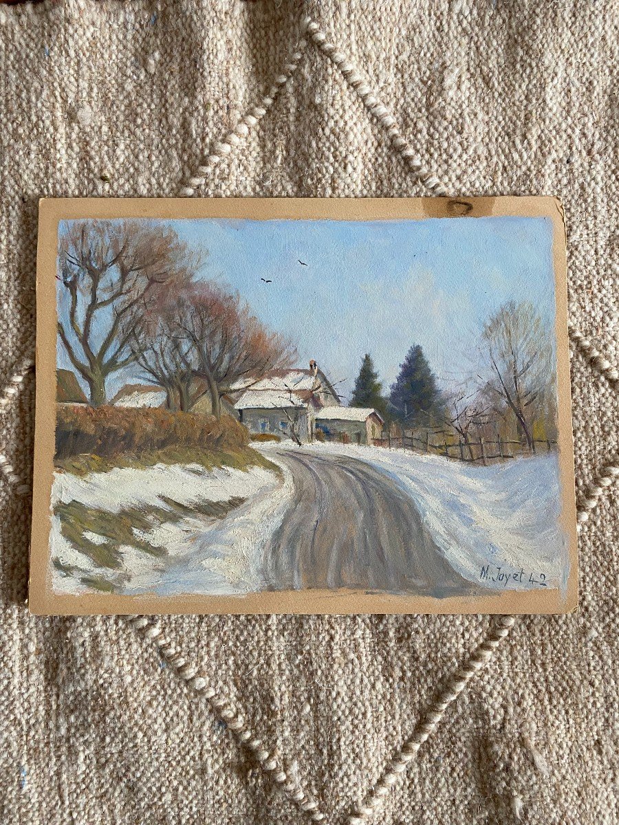 Landscape In Switzerland. Village Under The Snow. Oil On Cardboard. M.joyet 1942