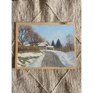 Paysage En Suisse. village sous la neige. Huile Sur Carton. M.joyet 1942