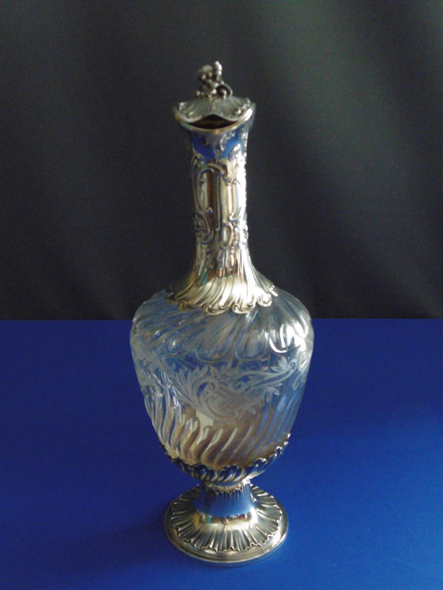 Engraved Crystal And Sterling Silver Wine Decanter Paris Late 19th Century-photo-2