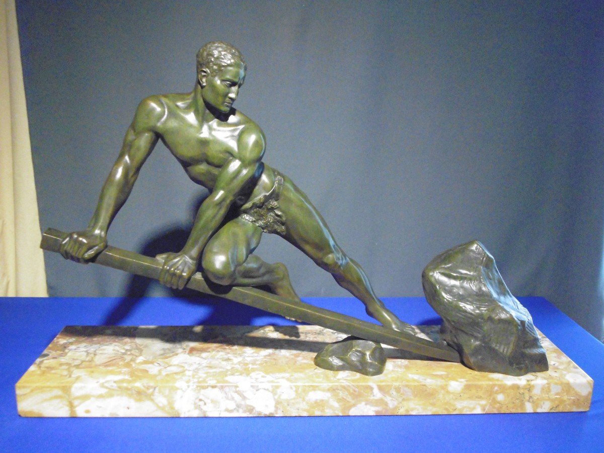 Man Lifting A Rock - Bronze Signed L. Ménetié