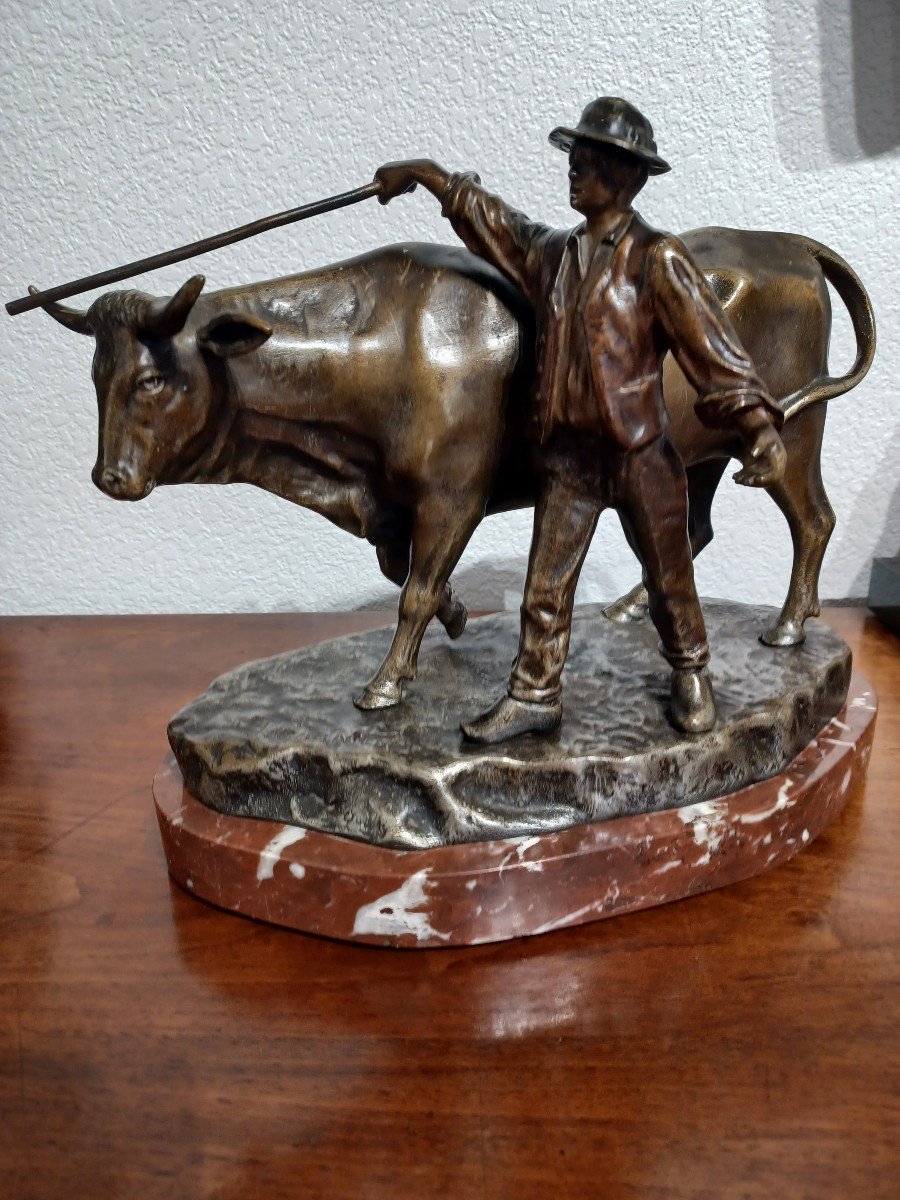 Bronze Signé Jean Garnier ( 1853-1910 )" Le Paysan Et Sa Vache "-photo-3