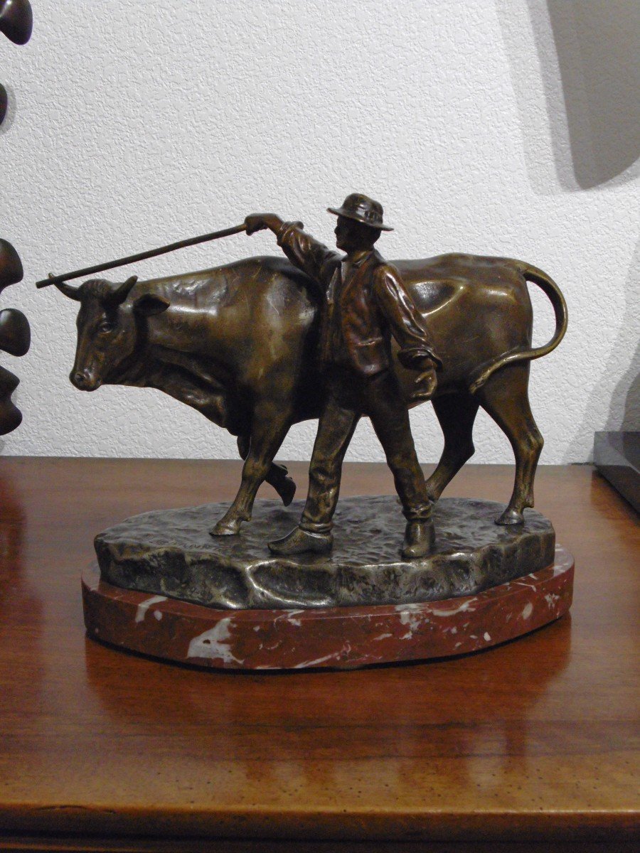 Bronze Signé Jean Garnier ( 1853-1910 )" Le Paysan Et Sa Vache "-photo-2