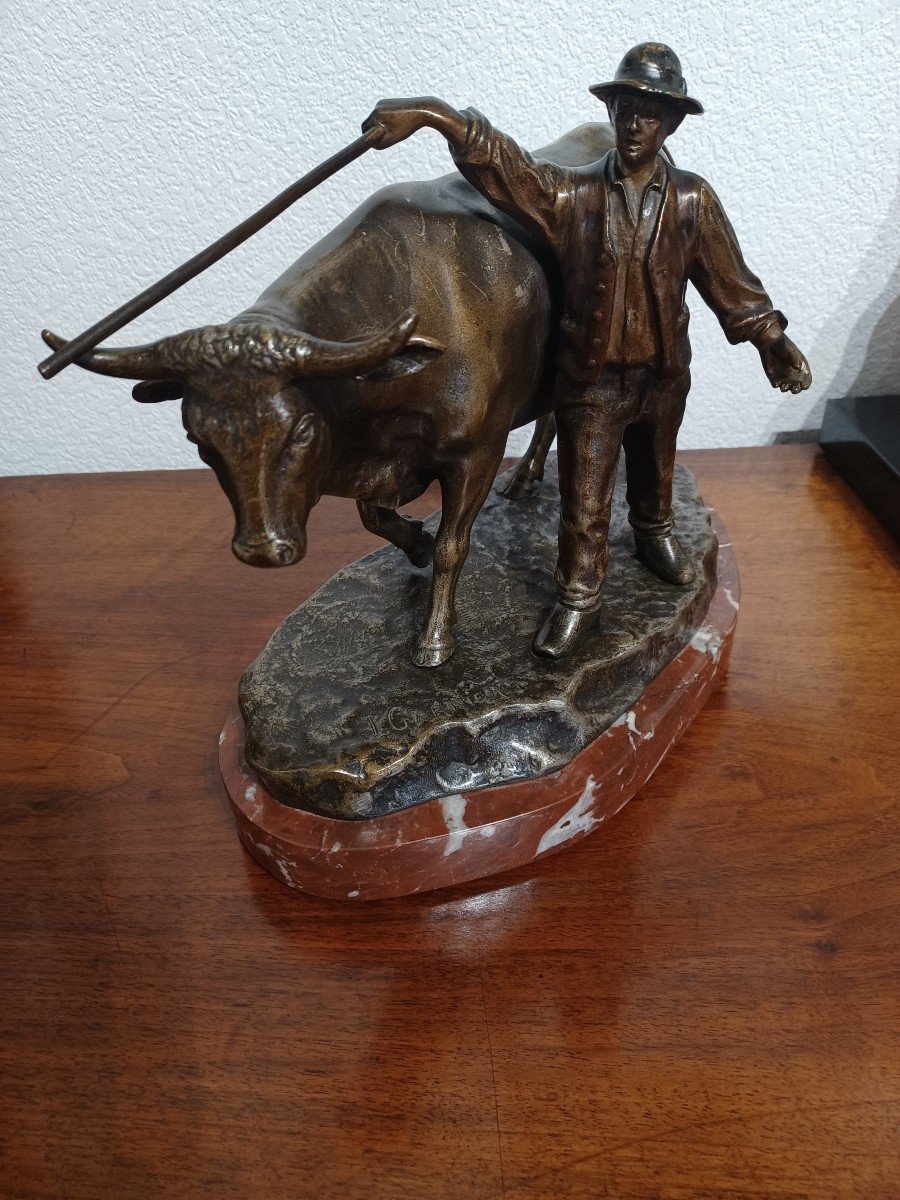 Bronze Signé Jean Garnier ( 1853-1910 )" Le Paysan Et Sa Vache "