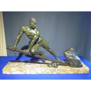 Homme Soulevant Un Rocher - Bronze Signé L. Ménetié