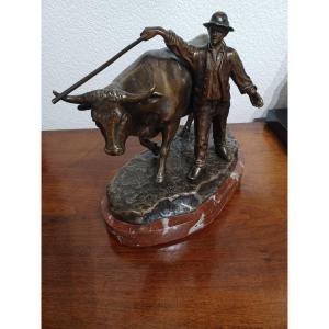 Bronze Signé Jean Garnier ( 1853-1910 )" Le Paysan Et Sa Vache "