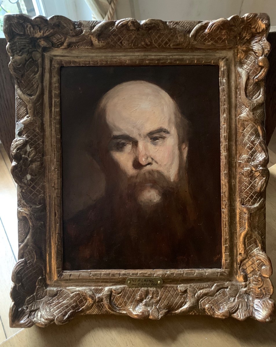 Portrait du poète Paul Verlaine - Huile sur papier 19ème siècle-photo-4