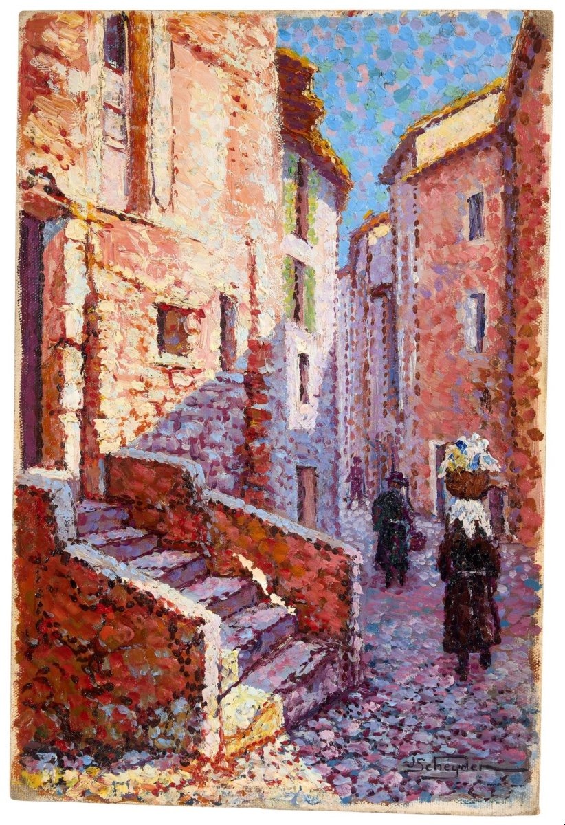 Ruelle animée dans le village de Sospel - Alpes-martimes - Pointilliste 