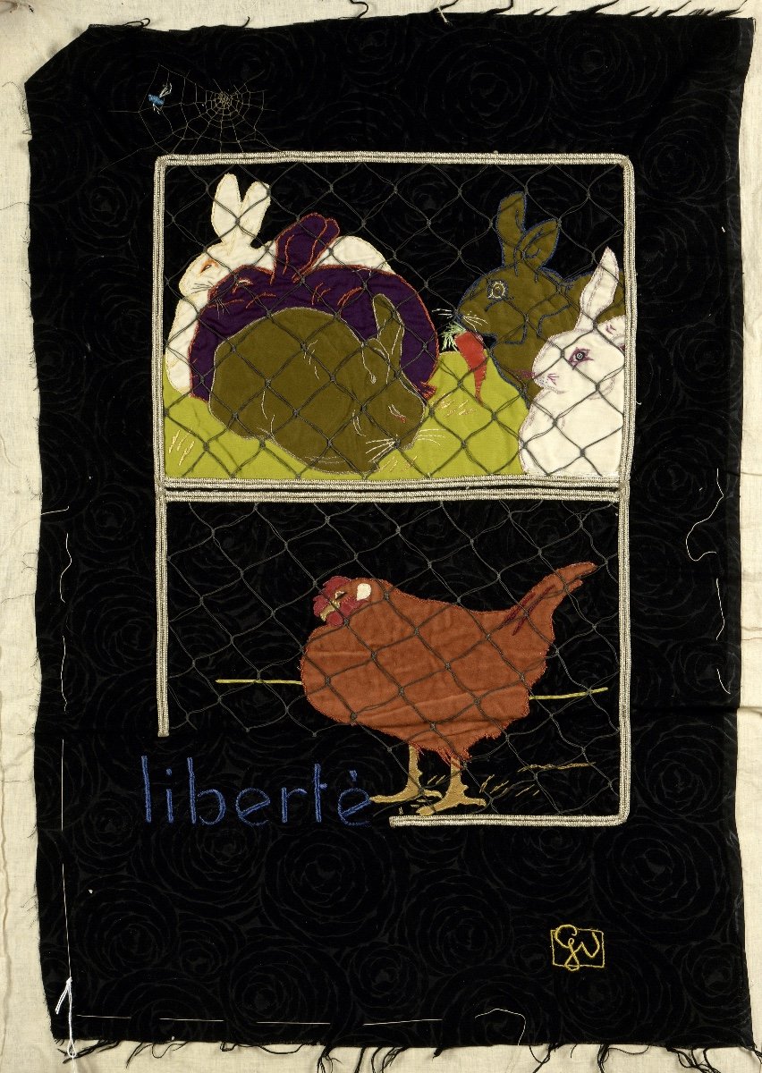 Georges Villa (1883-1965) Liberté - Grand tissu brodé début XXème siècle - Animaux 