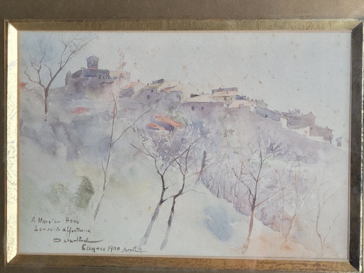 Allan Österlind (1855-1938) Peintre suédois - Vue de Cagnes-sur-mer en 1900 - Aquarelle