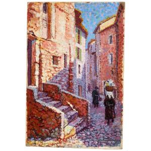 Ruelle animée dans le village de Sospel - Alpes-martimes - Pointilliste 