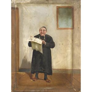 Priest Reading Le Petit Journal - 19th Century Caricature Painting