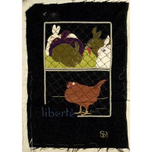 Georges Villa (1883-1965) Liberté - Grand tissu brodé début XXème siècle - Animaux 