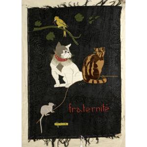 Georges Villa (1883-1965) Fraternité - Grand tissu brodé début XXème siècle - Animaux 