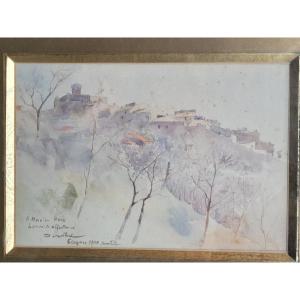 Allan Österlind (1855-1938) Peintre suédois - Vue de Cagnes-sur-mer en 1900 - Aquarelle