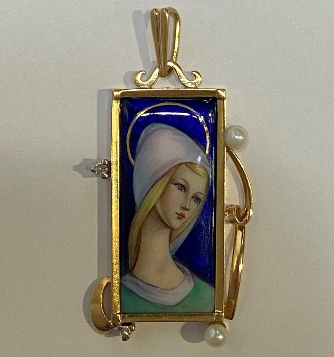 Proantic: Religious Medal In 16 Carat Gold. Enamel, Pearls And Diamond