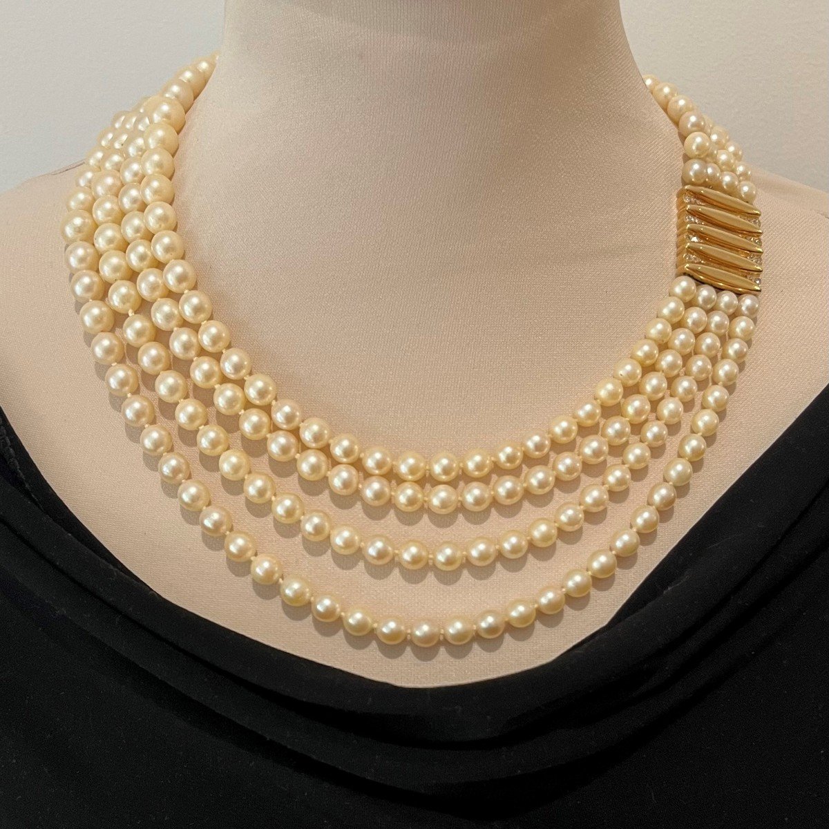 4 Row Cultured Pearl Necklace, Yellow Gold And Diamond Clasp-photo-2