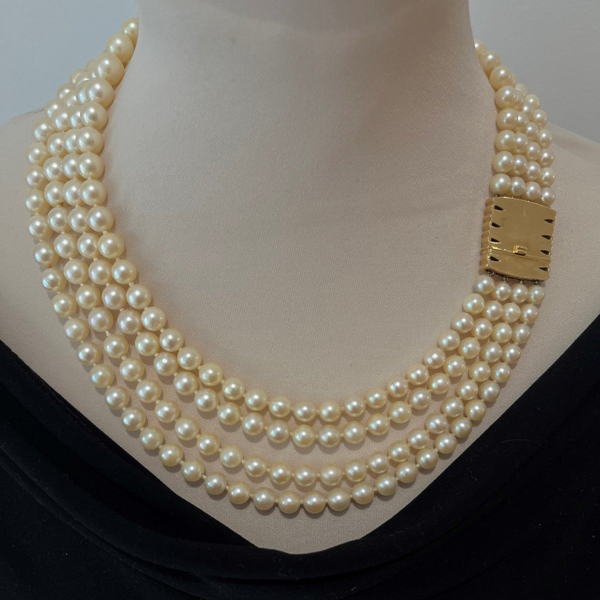 4 Row Cultured Pearl Necklace, Yellow Gold And Diamond Clasp-photo-3