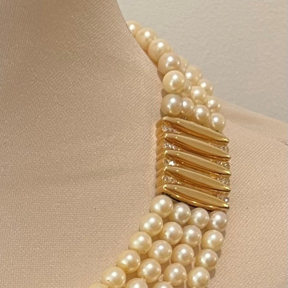 4 Row Cultured Pearl Necklace, Yellow Gold And Diamond Clasp-photo-4