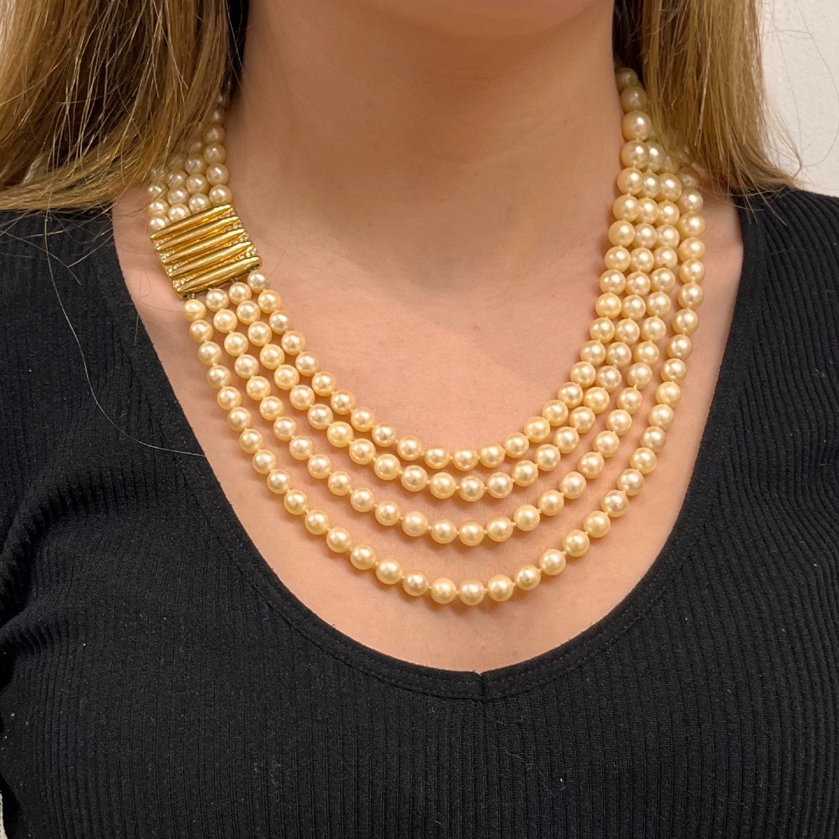 4 Row Cultured Pearl Necklace, Yellow Gold And Diamond Clasp