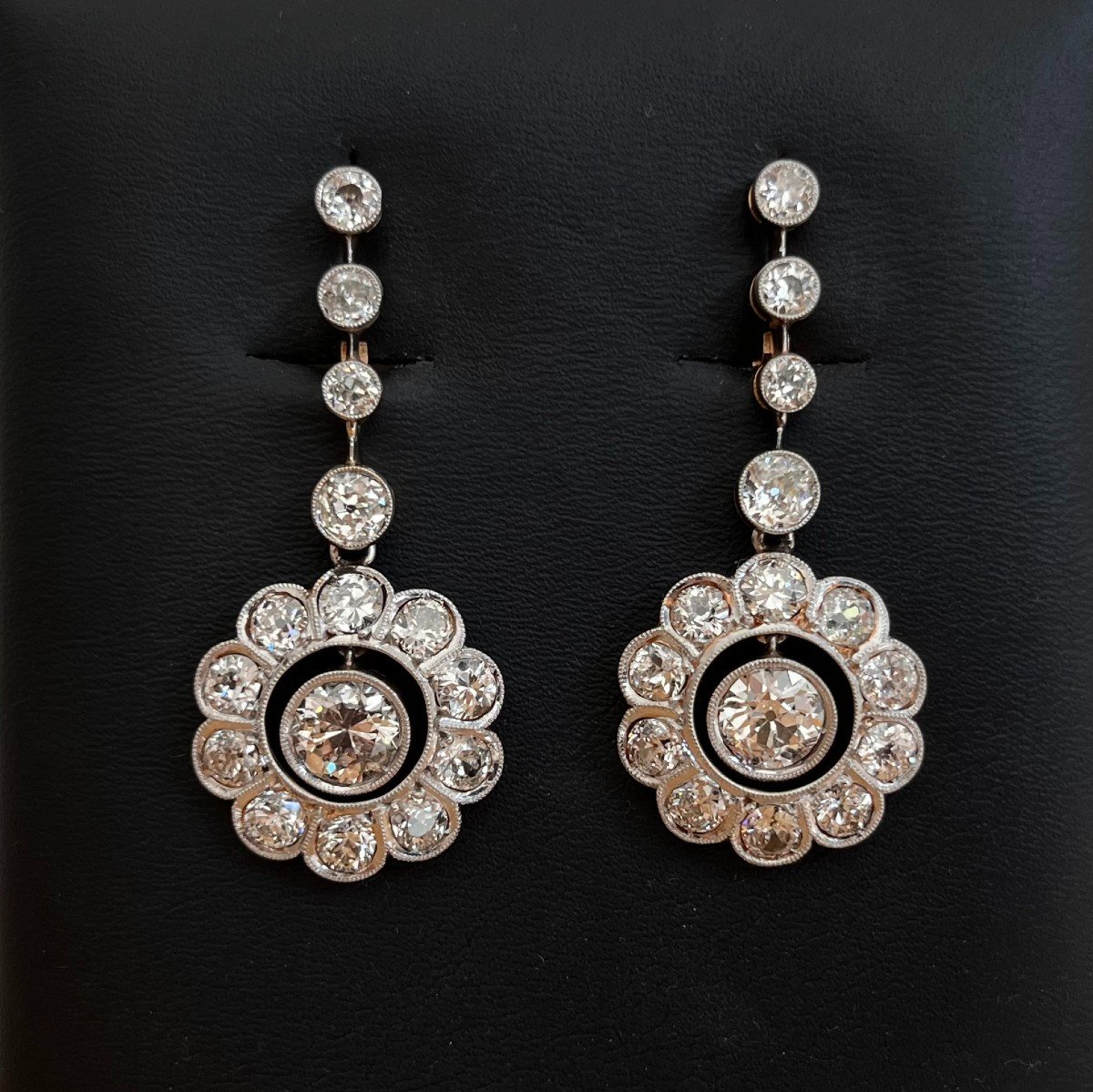 Boucles D’oreilles Or 18k Et Platine, Diamants Taille Ancienne. Années 1900. -photo-3