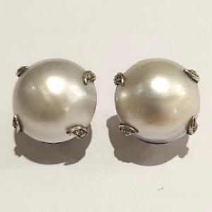 Boucles d'Oreilles En Or Blanc 18k, Demies Perles Et Diamants