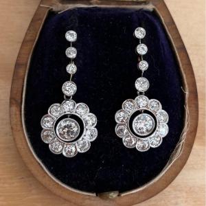 18k Gold And Platinum Earrings, Old Cut Diamonds. 1900s. 