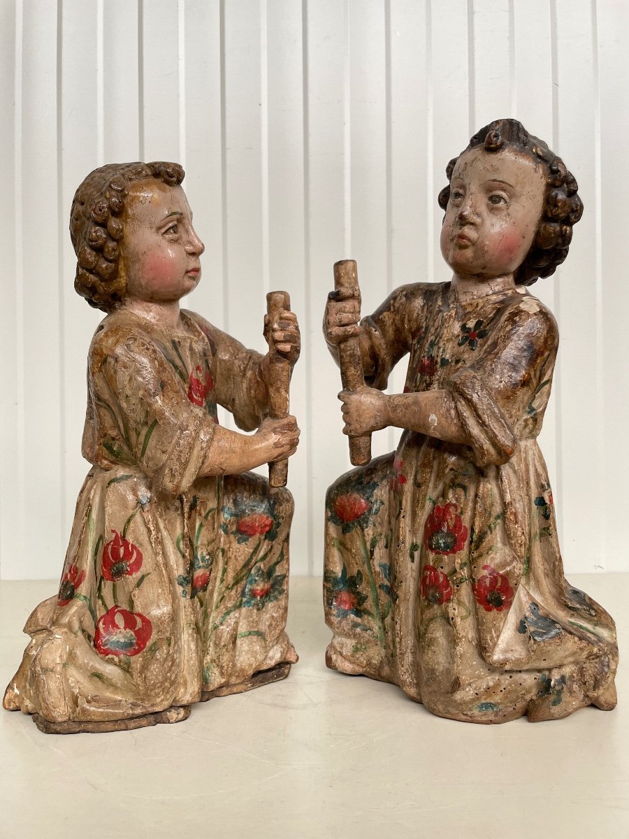 2 Beaux Anges En Bois Circa 1700 -photo-2