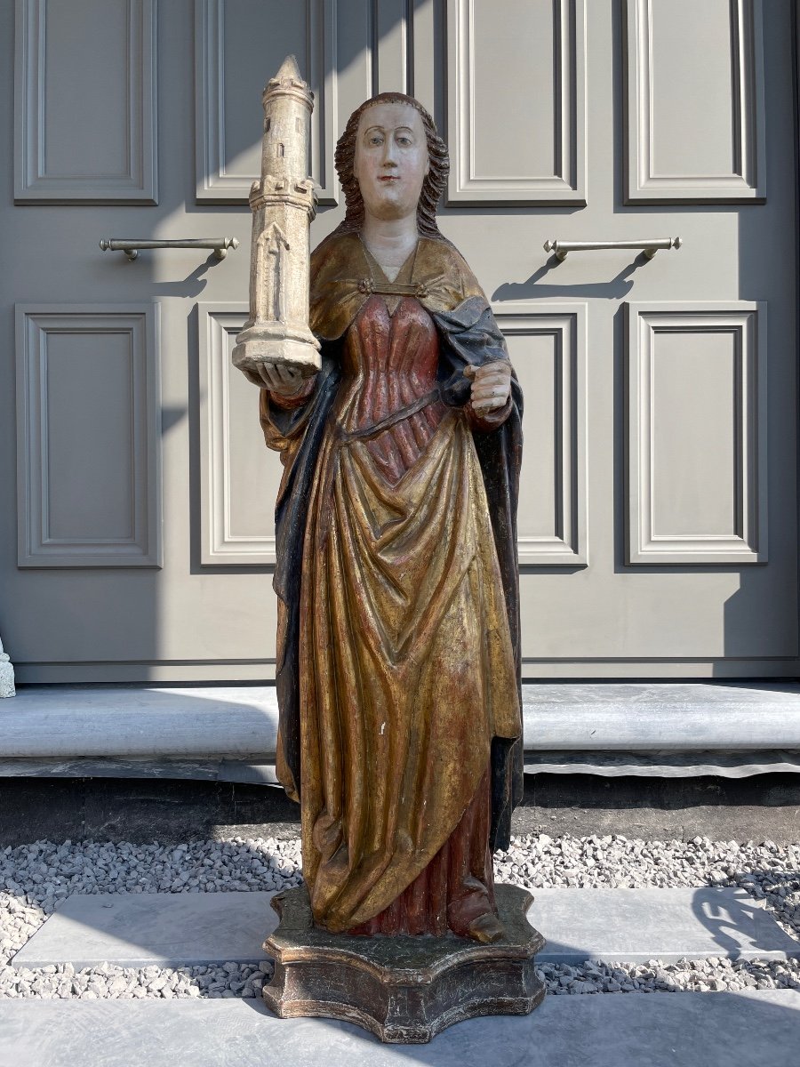 Exceptional 16th Century Polychrome Sculpture Of Saint Barbe - 123 Cm Height-photo-2