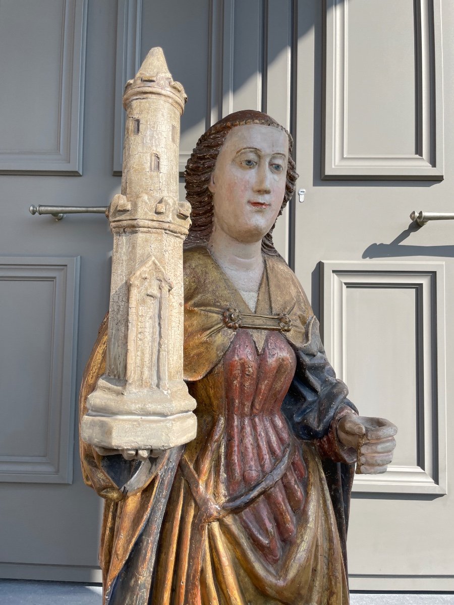 Exceptional 16th Century Polychrome Sculpture Of Saint Barbe - 123 Cm Height-photo-4