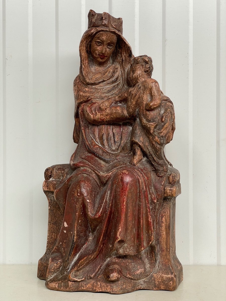 Vierge A l'Enfant En Bois Polychrome-photo-3