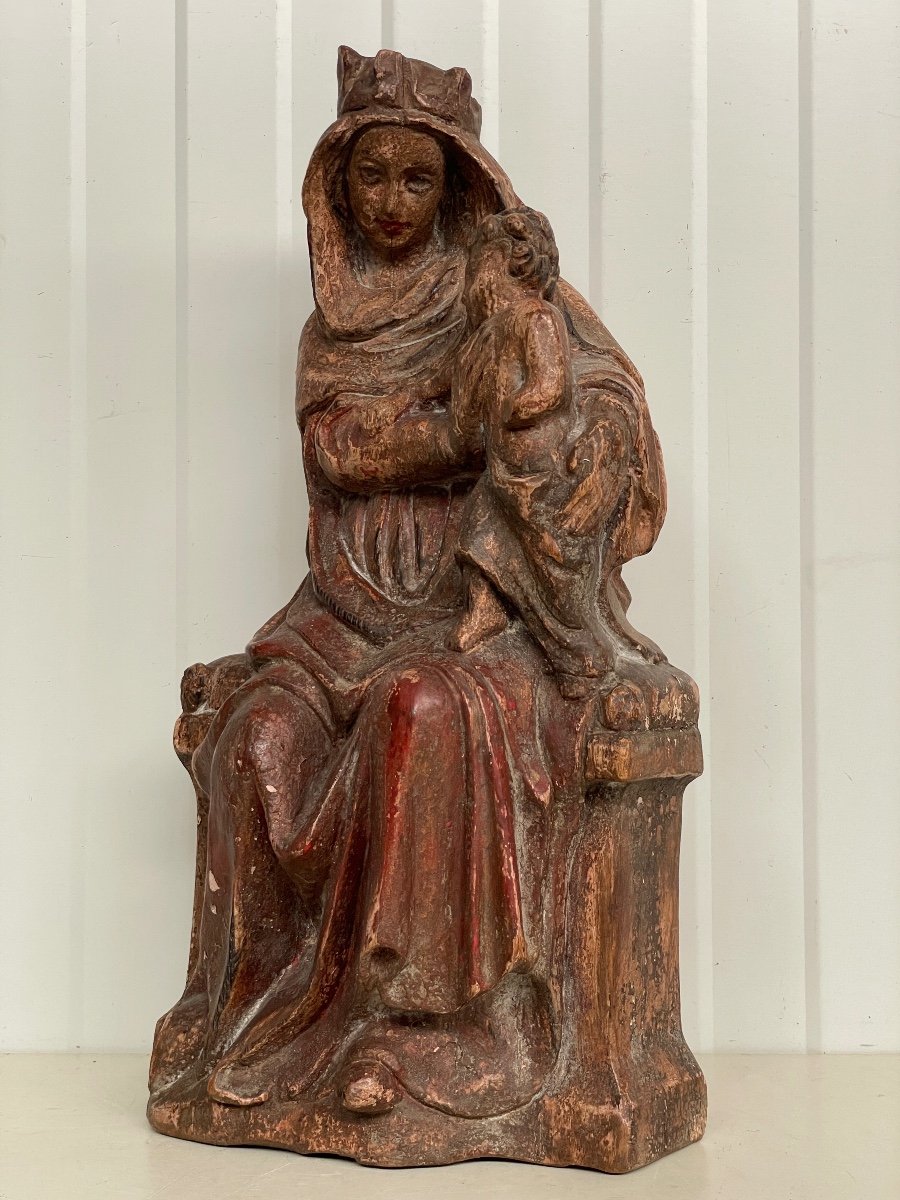 Vierge A l'Enfant En Bois Polychrome-photo-3