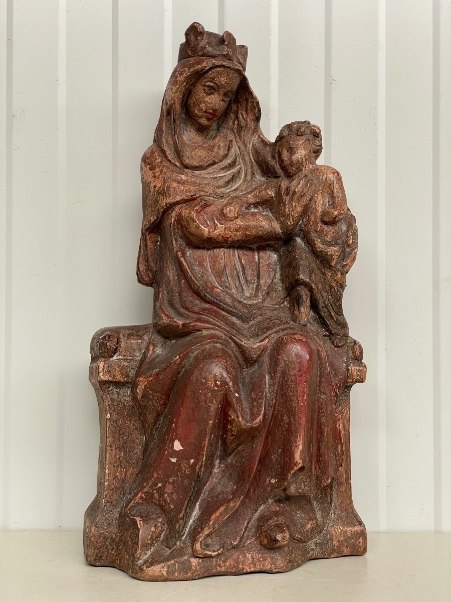 Vierge A l'Enfant En Bois Polychrome