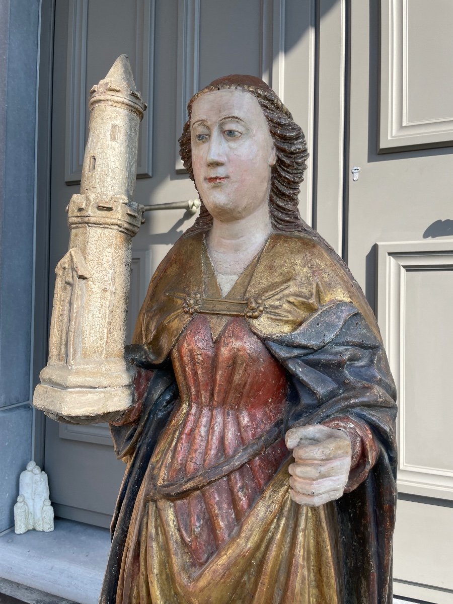 15th Century Polychrome Wooden Sculpture Of Saint Barbe - 123 Cm Height-photo-1