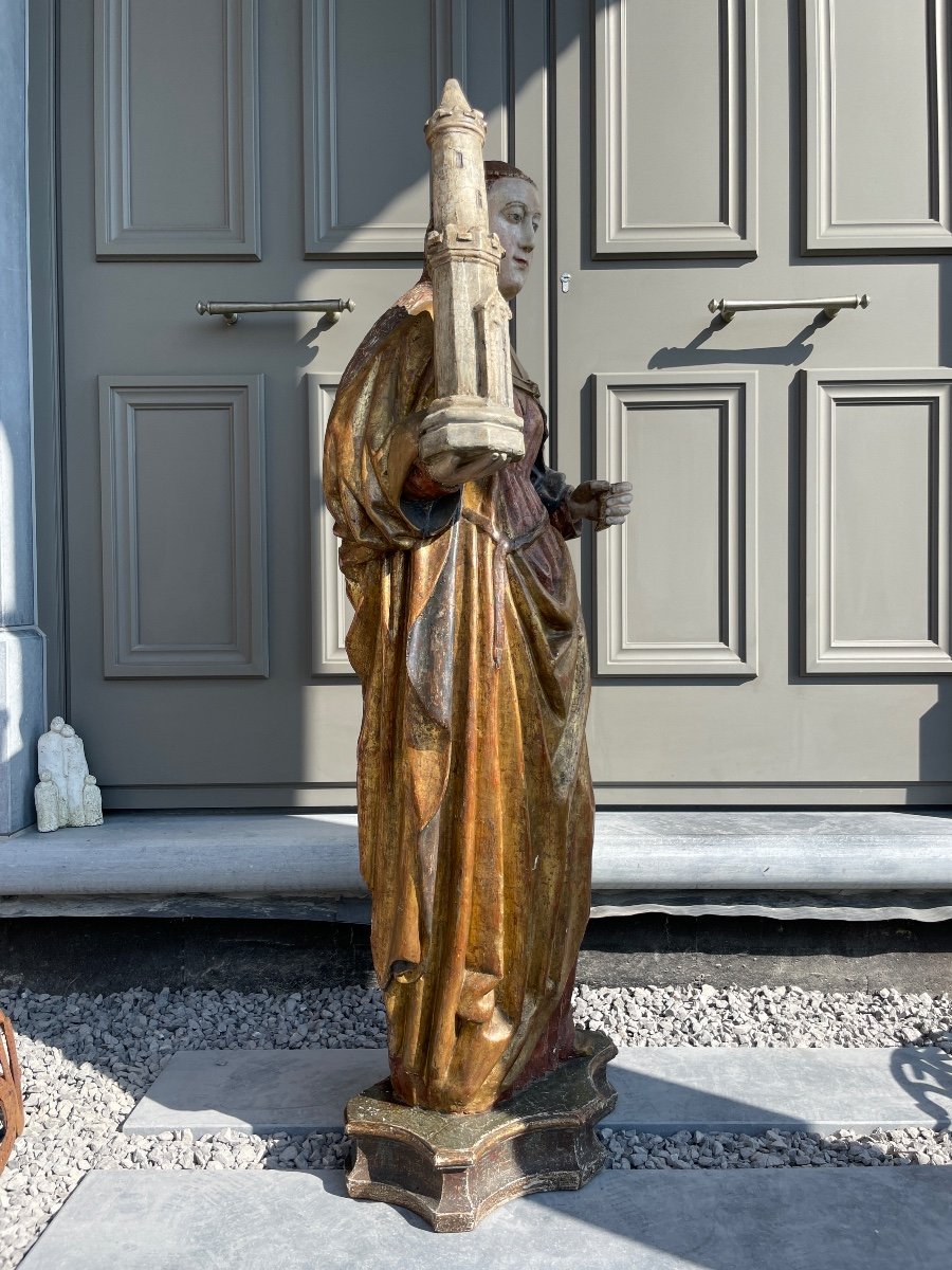 15th Century Polychrome Wooden Sculpture Of Saint Barbe - 123 Cm Height-photo-3