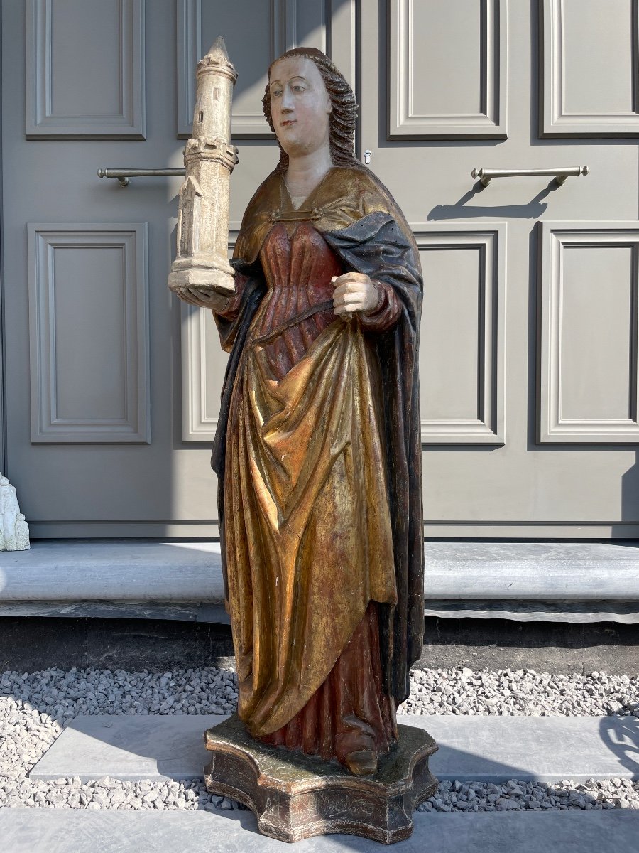 15th Century Polychrome Wooden Sculpture Of Saint Barbe - 123 Cm Height