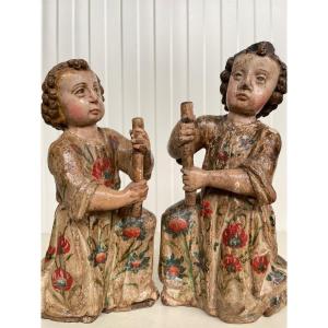 2 Beaux Anges En Bois Circa 1700 